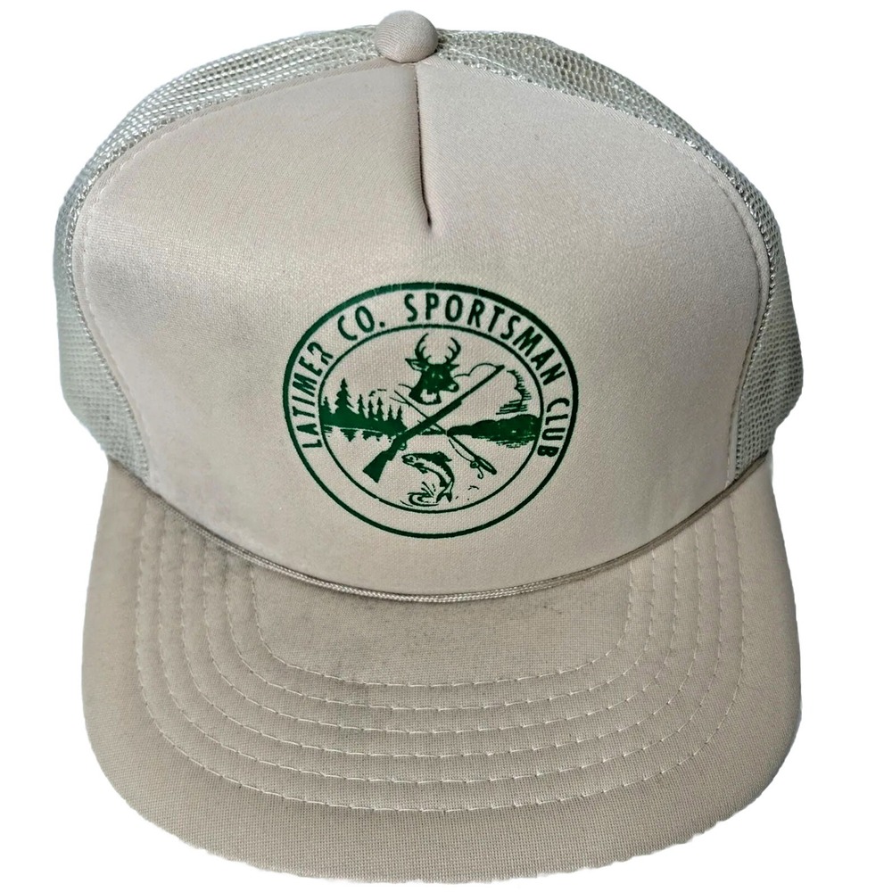 Vintage Tan Latimer County Sportsman Club Trucker Hat Snap Back Headwear Cap